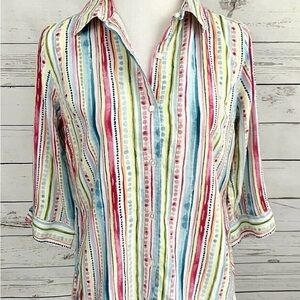 Koret Small White & Multicolored Striped Button Up 3/4 Sleeve Collared Rayon Top